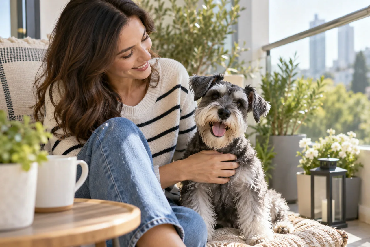 Owner at home beside a small gray-and-white dog