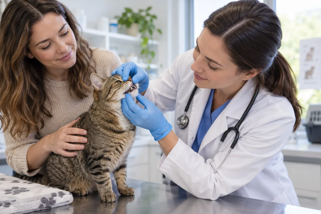 Veterinarian examining a cat’s mouth with an owner nearby